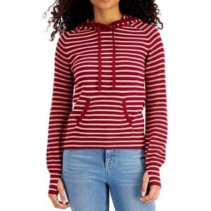 Style & Co $58 Medium Red Peach Pink Striped Knit Hoodie Kangaroo Pocket Sweater